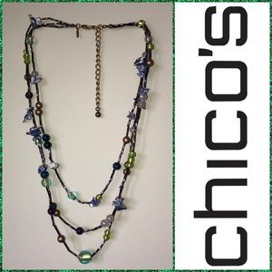 VINTAGE WOMENS CHICO’S MULTI-COLORED TRIPLE STRAND BEAD & GLASS NECKLACE